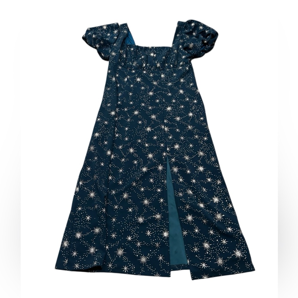 Starburst Print Navy Puff-Sleeve Maxi Dress